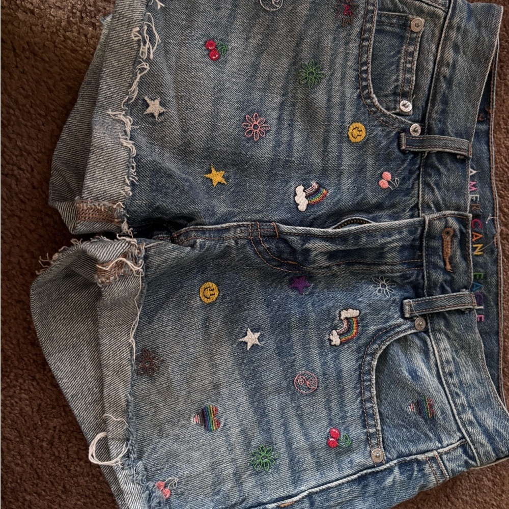 American Eagle Outfitters Embroidered Jean Shorts - Blue